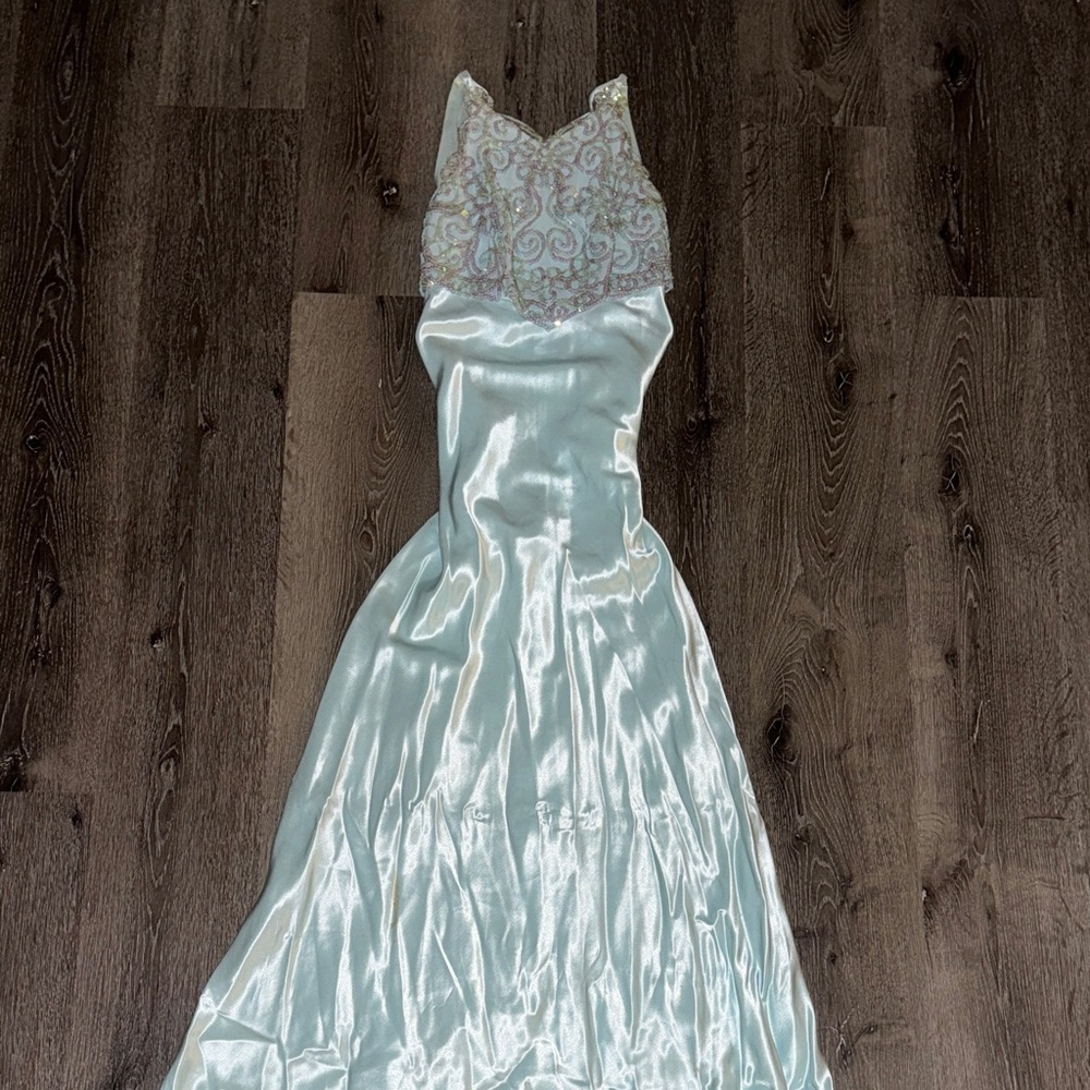 Elegant Light Blue Gown with Lace Bodice